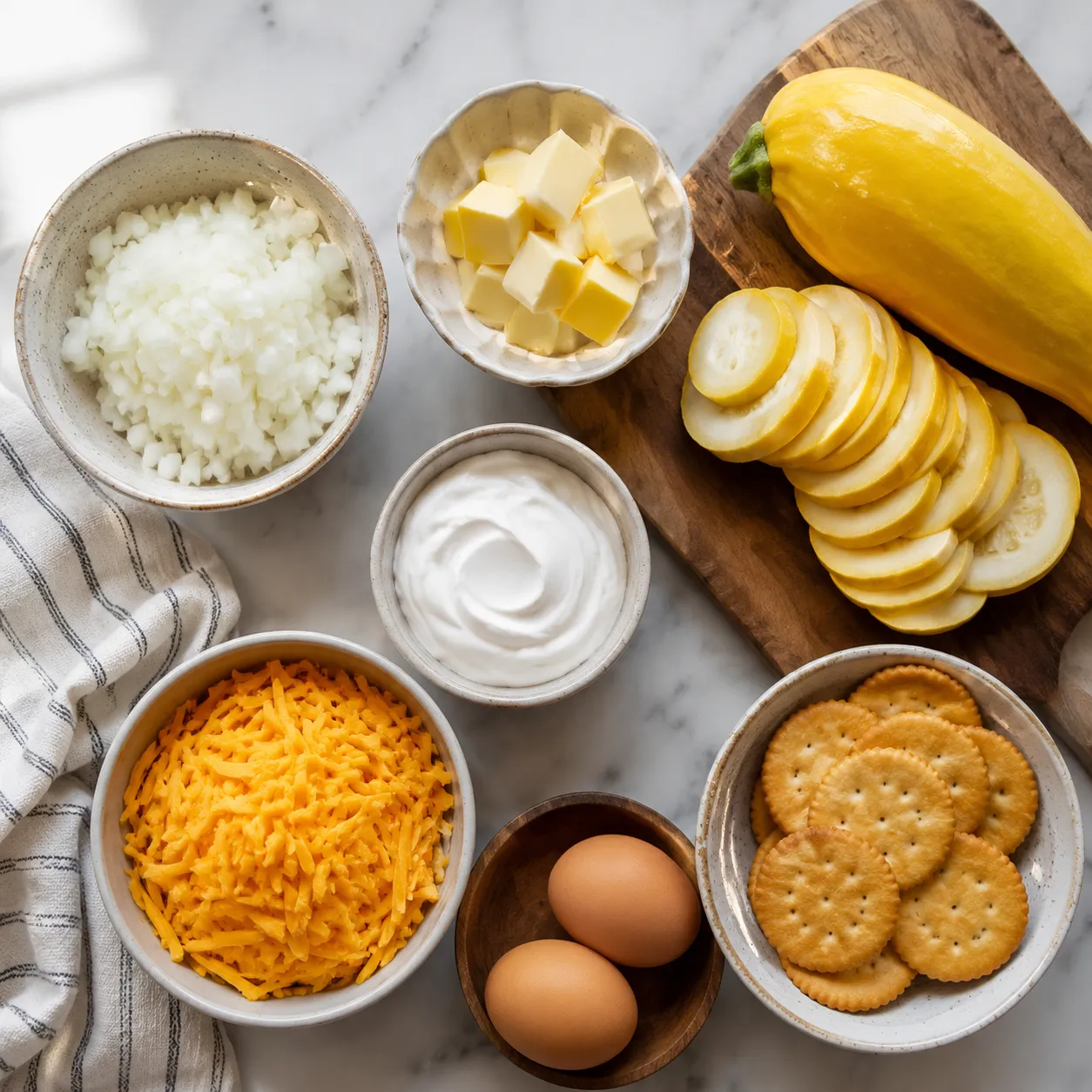 Squash casserole ingredients flatlay with yellow squash, cheddar, sour cream, and Ritz crackers