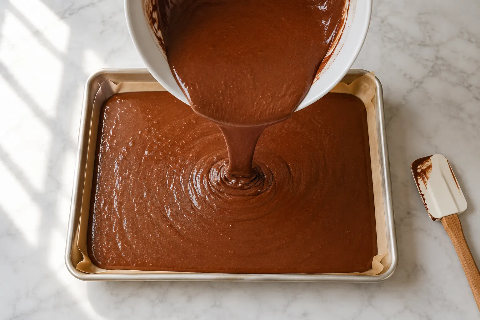 Pouring Texas sheet cake batter into a half sheet pan
