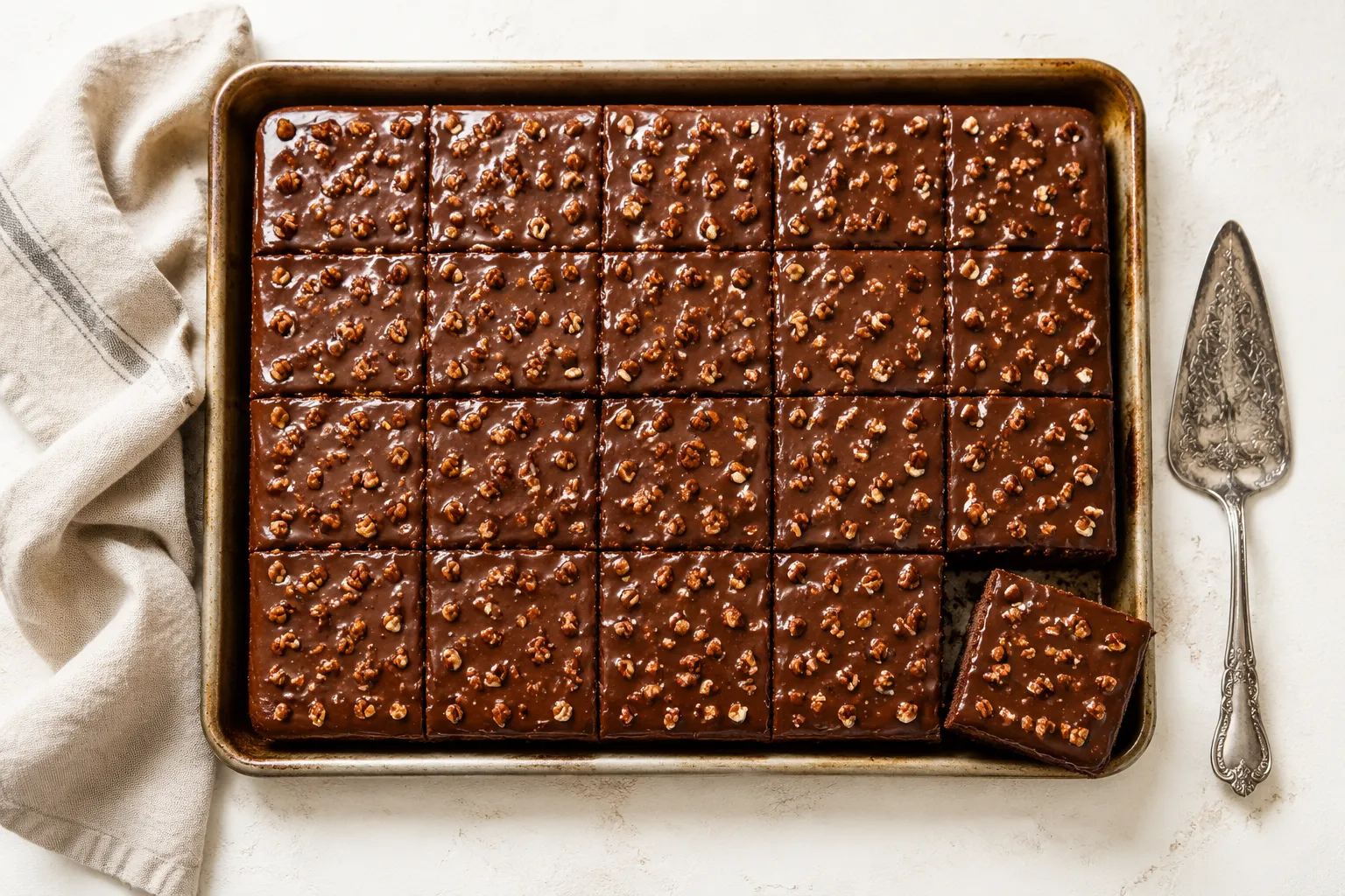 Sliced Texas sheet cake in a half sheet pan with chocolate pecan frosting