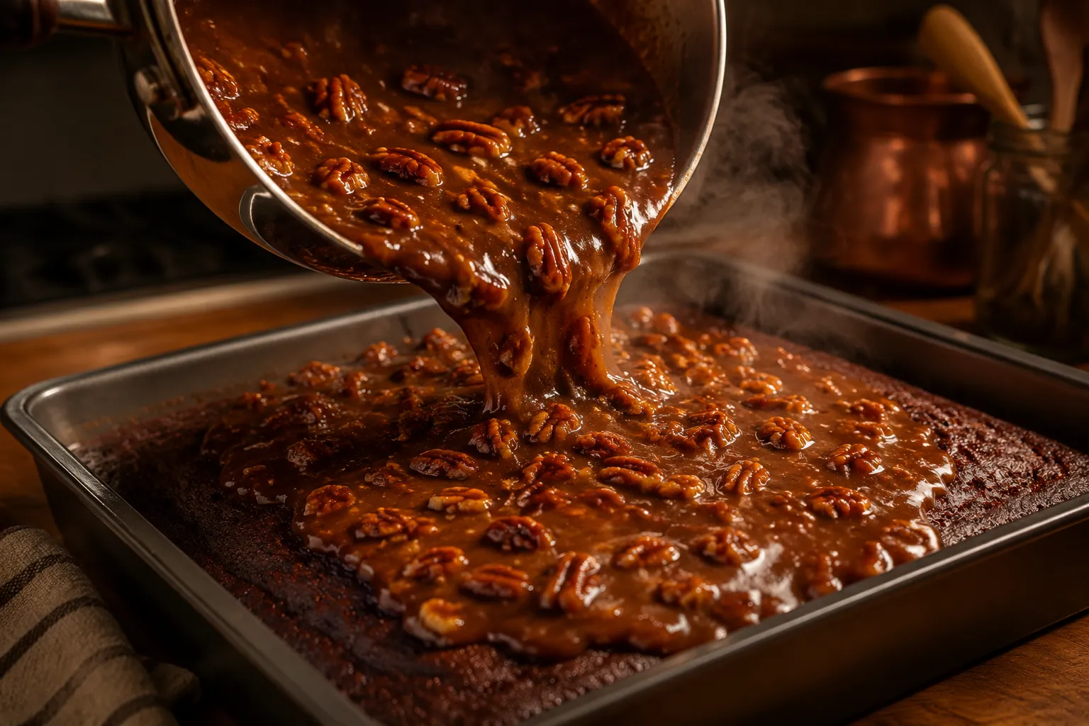 Pouring warm pecan chocolate frosting over a freshly baked Texas sheet cake