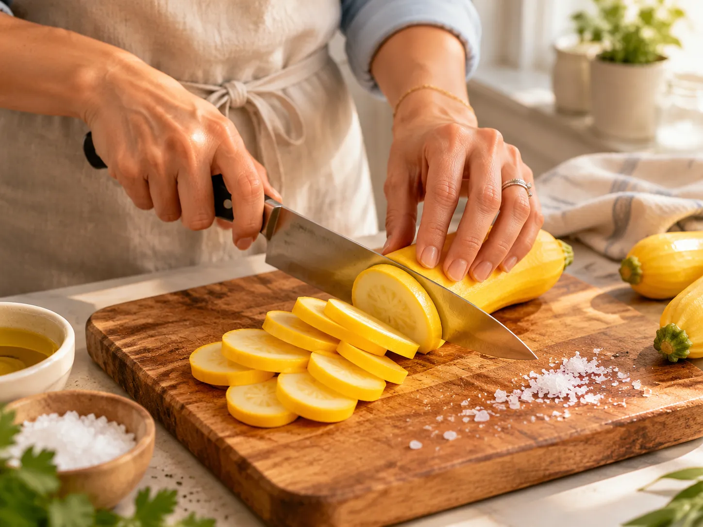 Slicing fresh yellow squash for a Southern squash casserole recipe