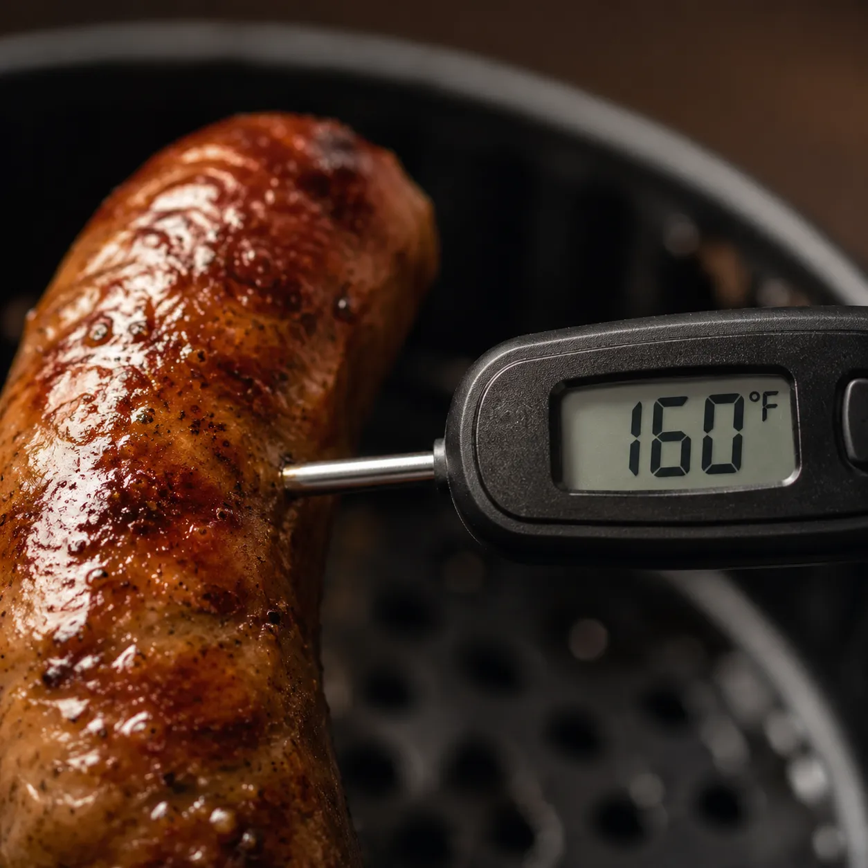 Checking air fryer brats internal temperature at 160 degrees Fahrenheit
