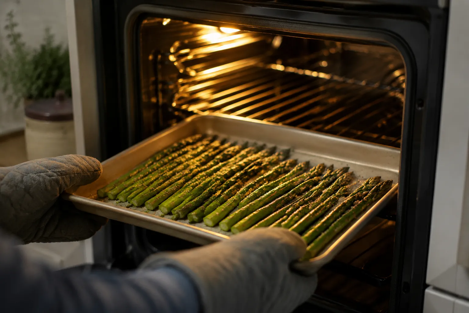 Sheet pan of asparagus going into a 425 degree oven to roast