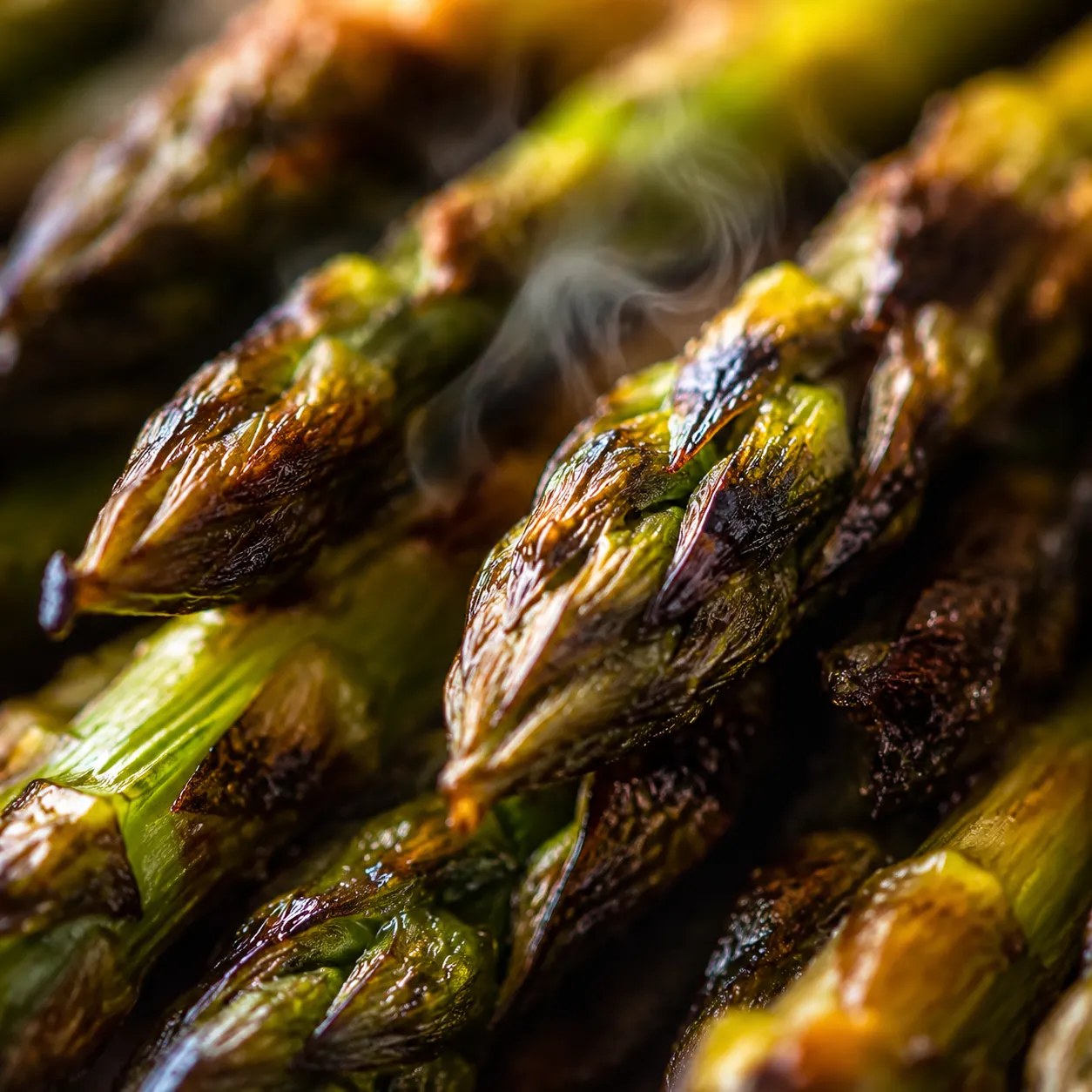 Close-up of crispy caramelized tips on oven baked asparagus