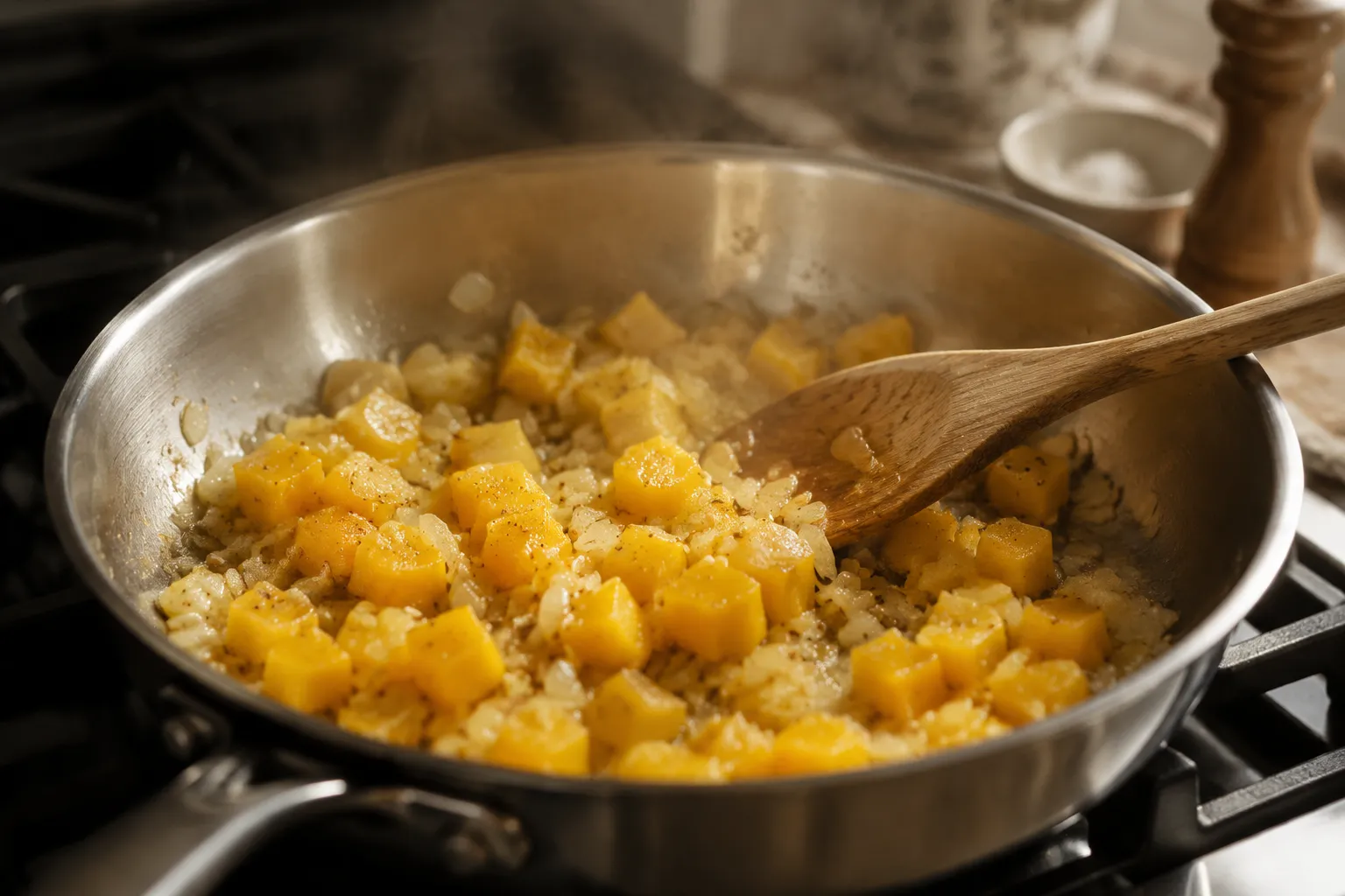 Sautéing yellow squash and onion in butter for squash casserole