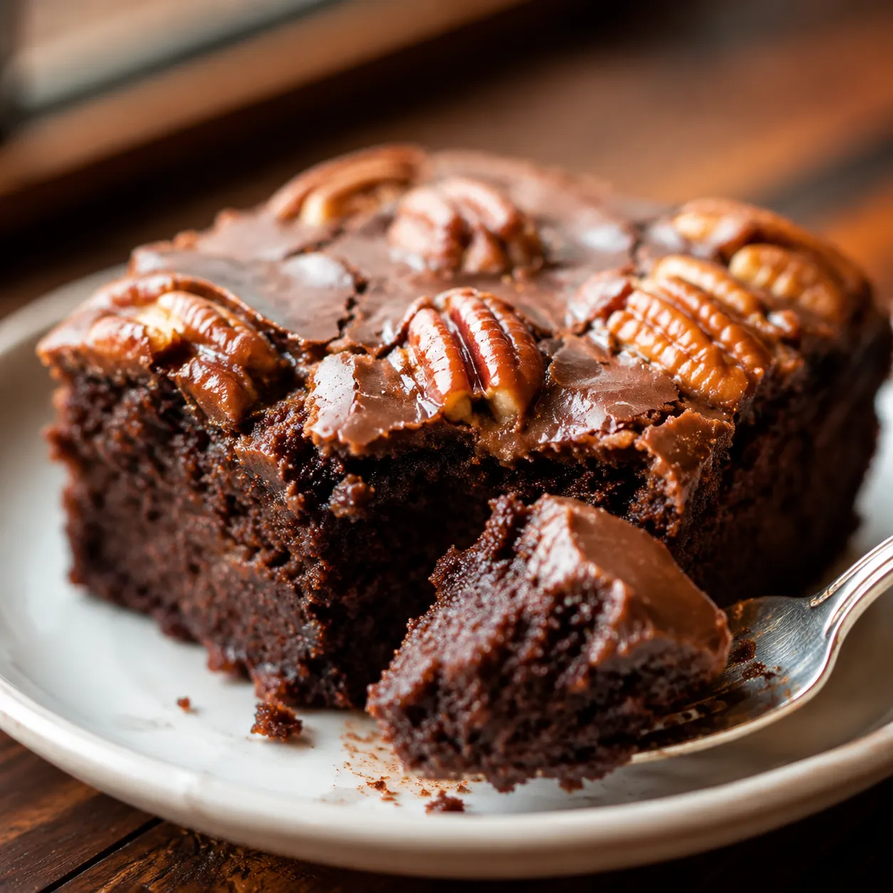 Close up of fudgy Texas sheet cake slice with pecan chocolate frosting