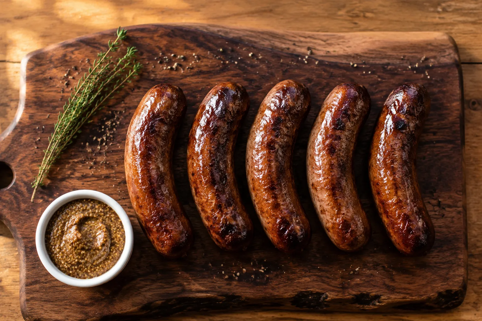 Finished bratwurst from air fryer resting on a wooden cutting board