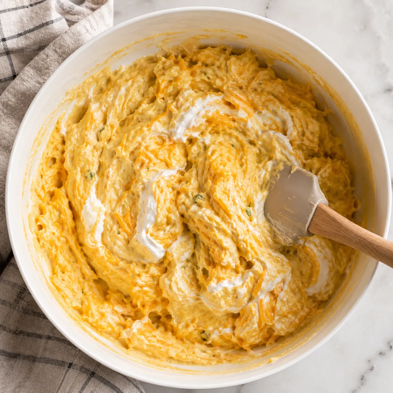 Folding cheddar and sour cream into squash casserole filling