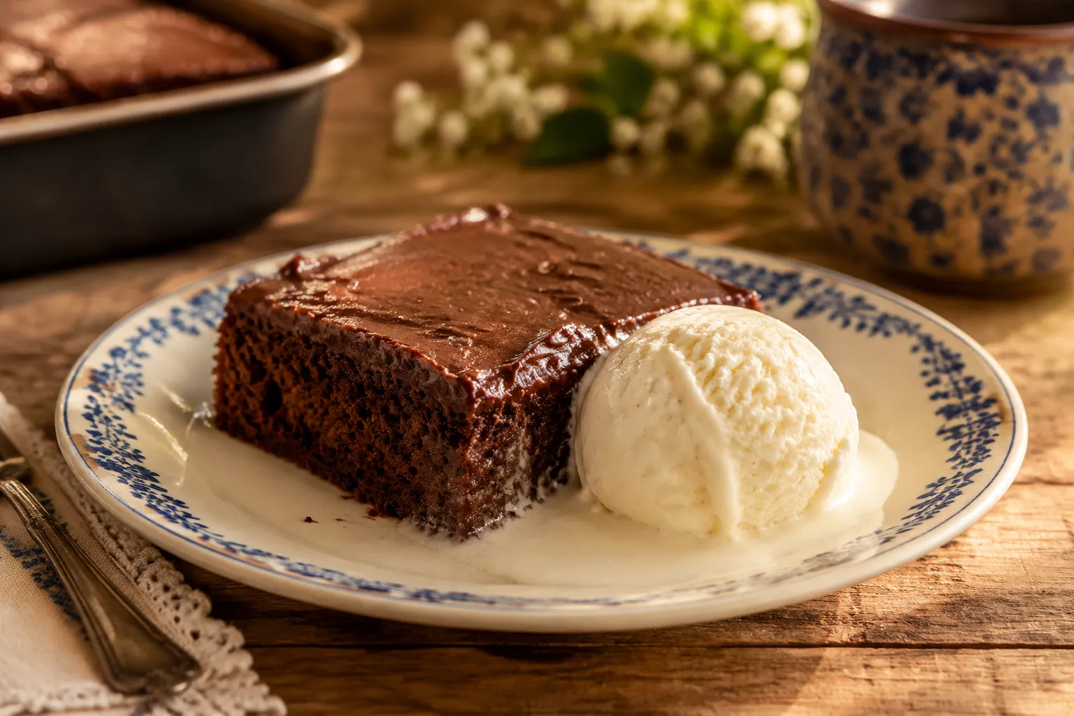 Texas sheet cake served warm with melting vanilla ice cream