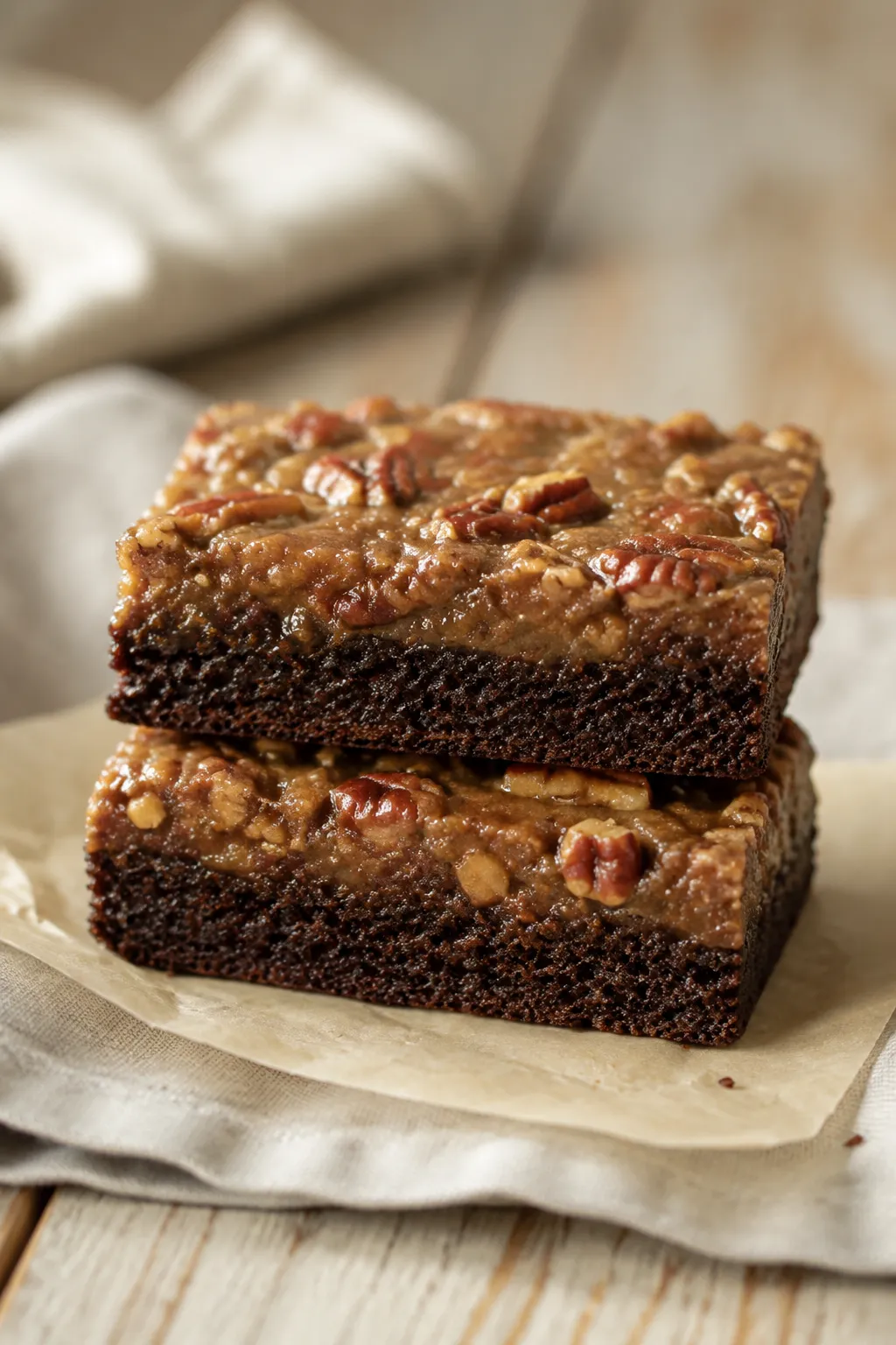 Side view of Texas sheet cake showing thin fudgy layer and pecan frosting