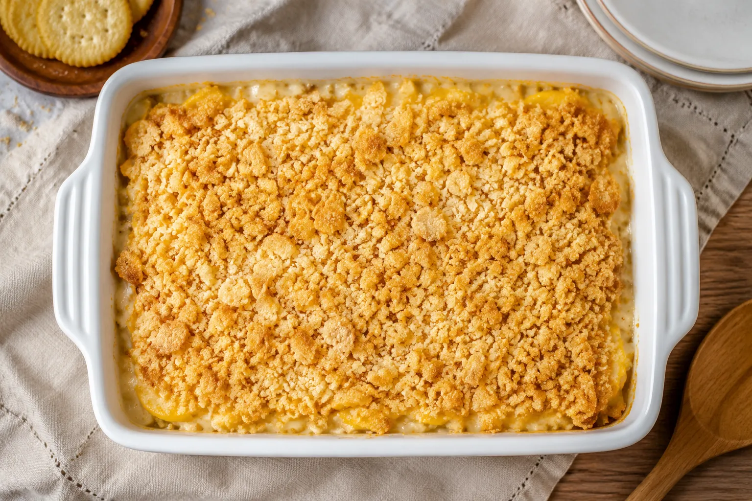 Assembled squash casserole topped with buttered Ritz cracker crumbs before baking