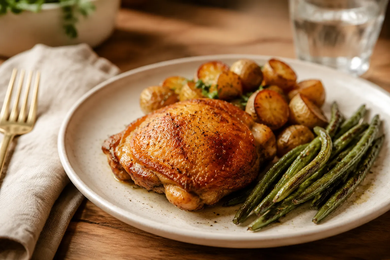 Baked chicken thighs served with roasted potatoes and green beans