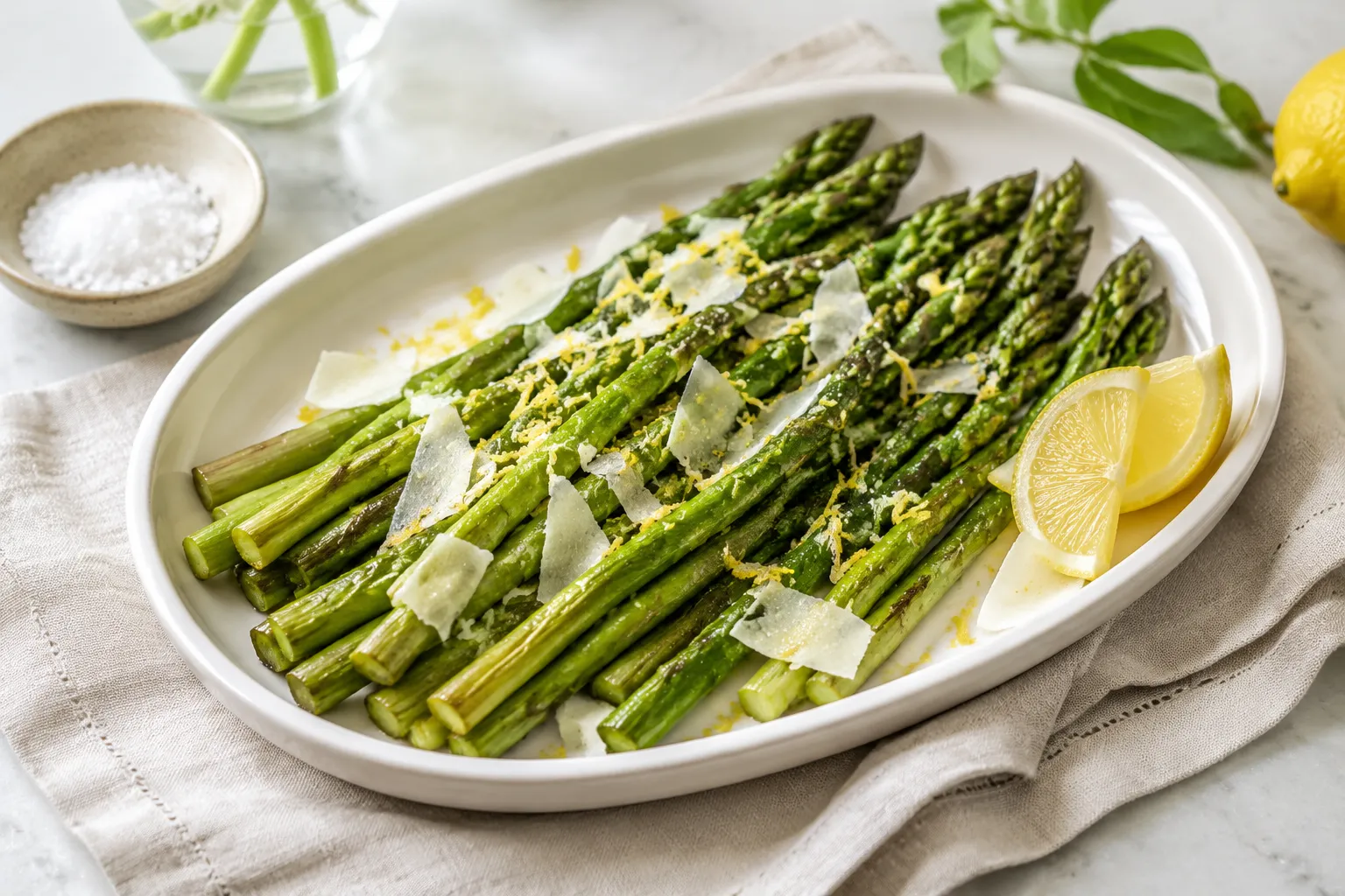 Finished oven roasted asparagus on a white platter with parmesan and lemon