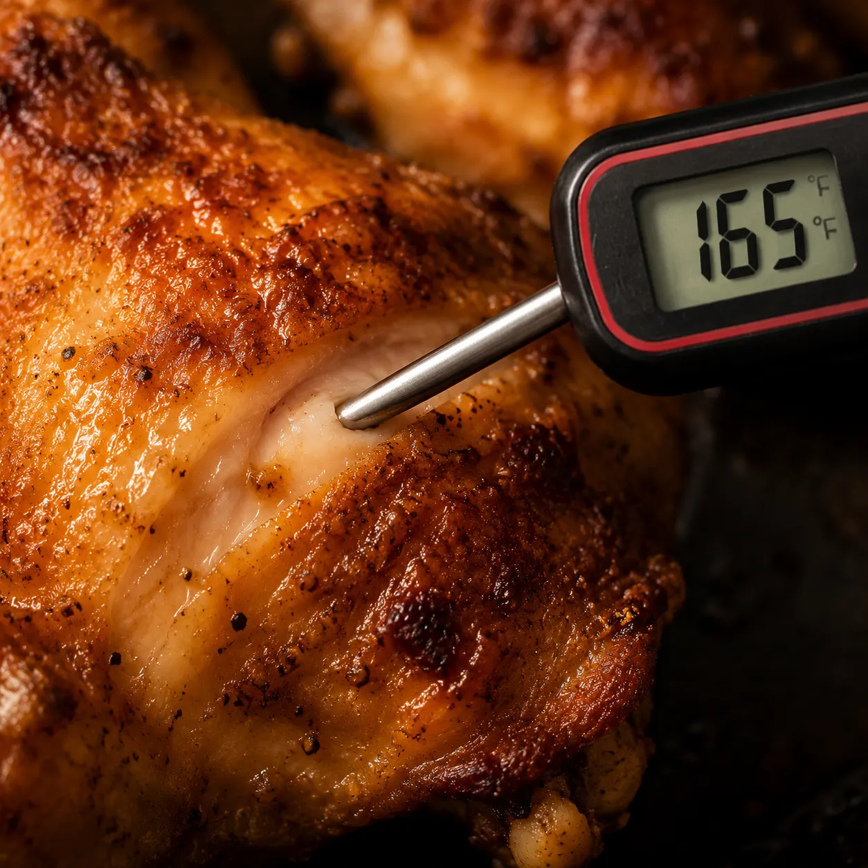 Checking chicken thigh internal temperature reaches 165°F with thermometer