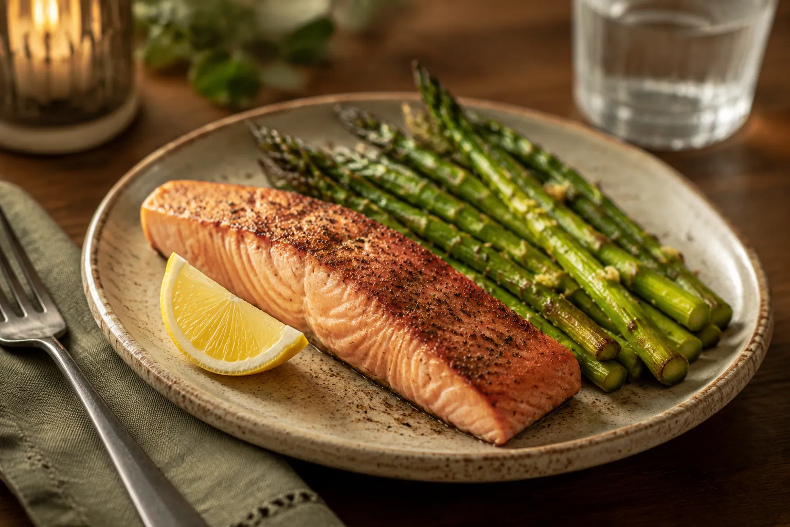Roasted asparagus served as a side dish with salmon and lemon