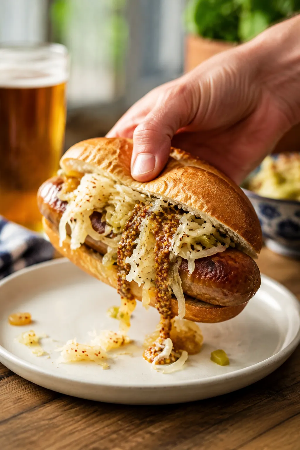 Holding an air fryer brat in a toasted bun with sauerkraut and mustard