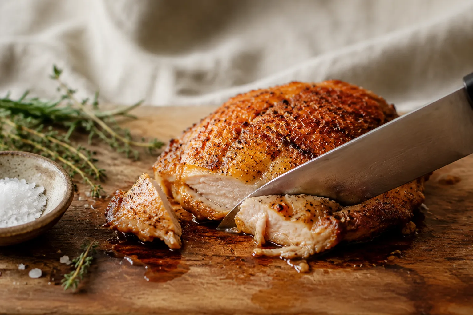 Sliced baked chicken thigh showing juicy meat and crispy skin texture