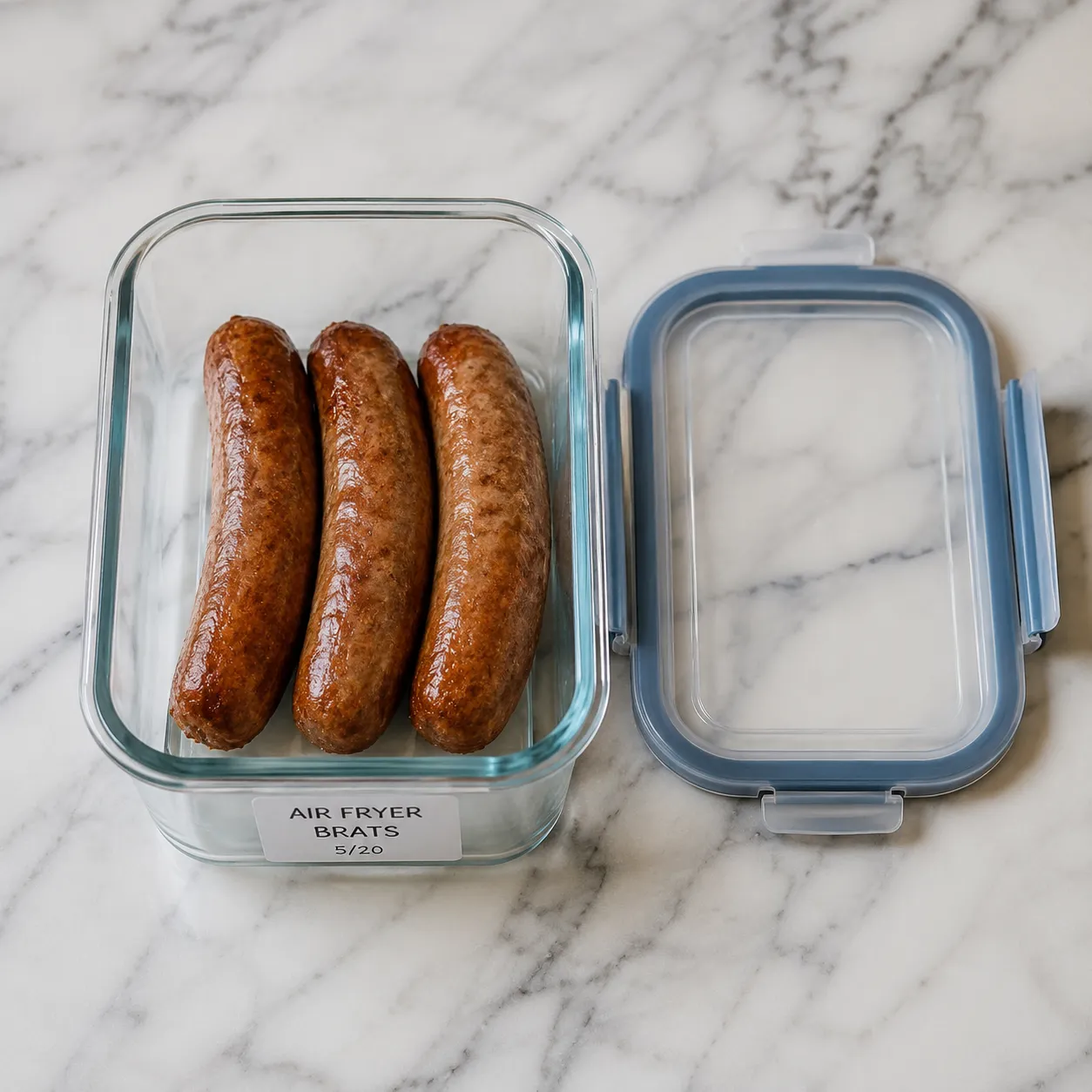 Storing leftover air fryer bratwurst in a glass meal prep container