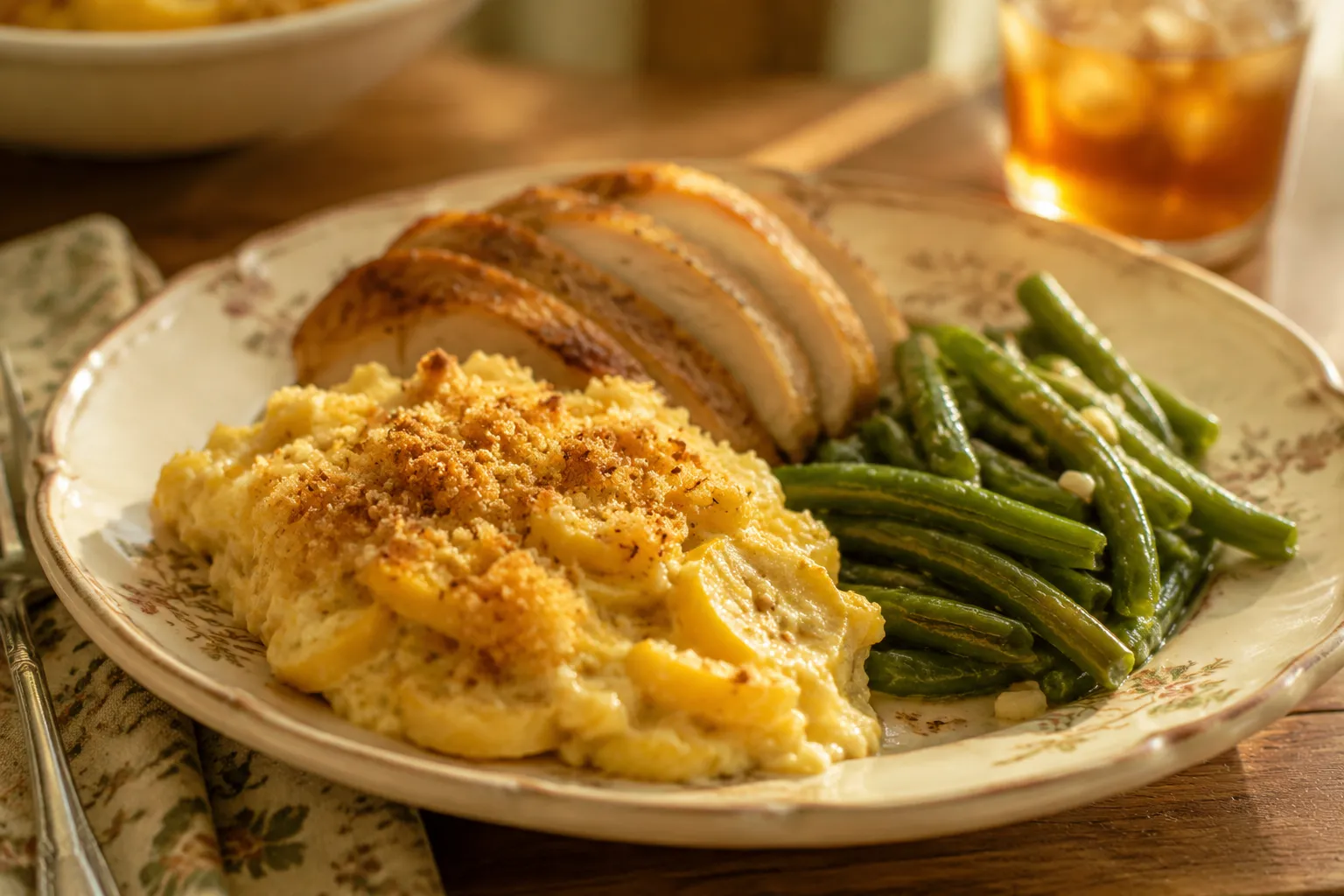 Squash casserole served with roast chicken and green beans on a Southern dinner plate