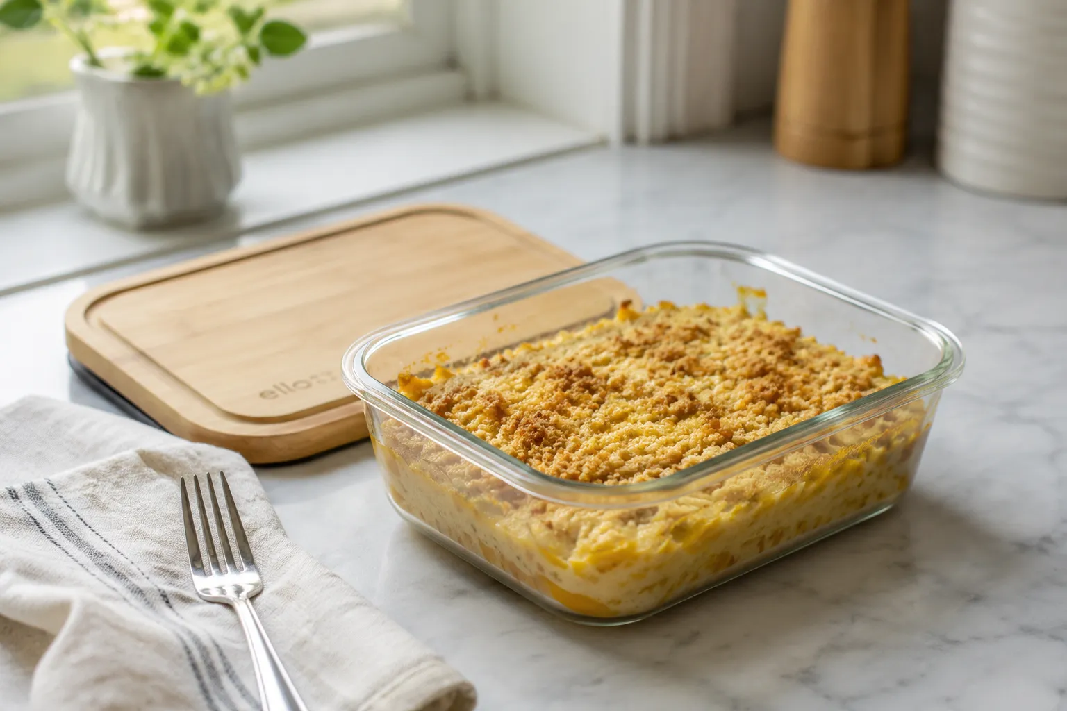 Storing leftover squash casserole in a glass container for make-ahead meals