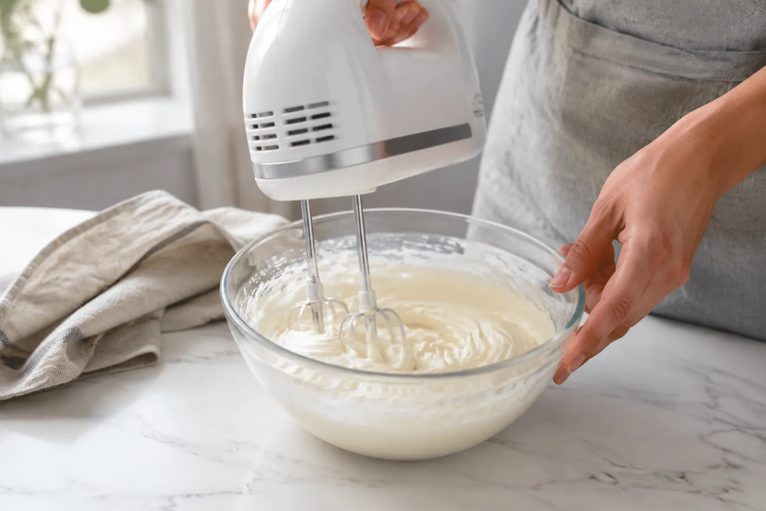 Whipping softened cream cheese for fruit dip recipe with a hand mixer