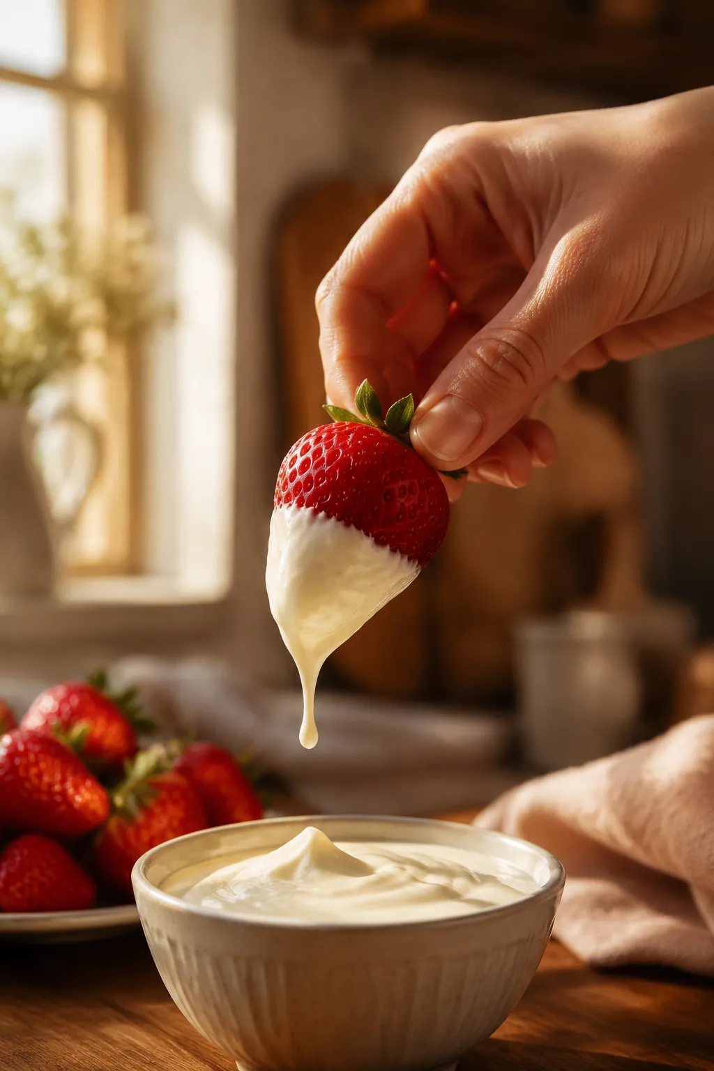 Strawberry dipped in creamy fruit dip recipe being lifted from bowl