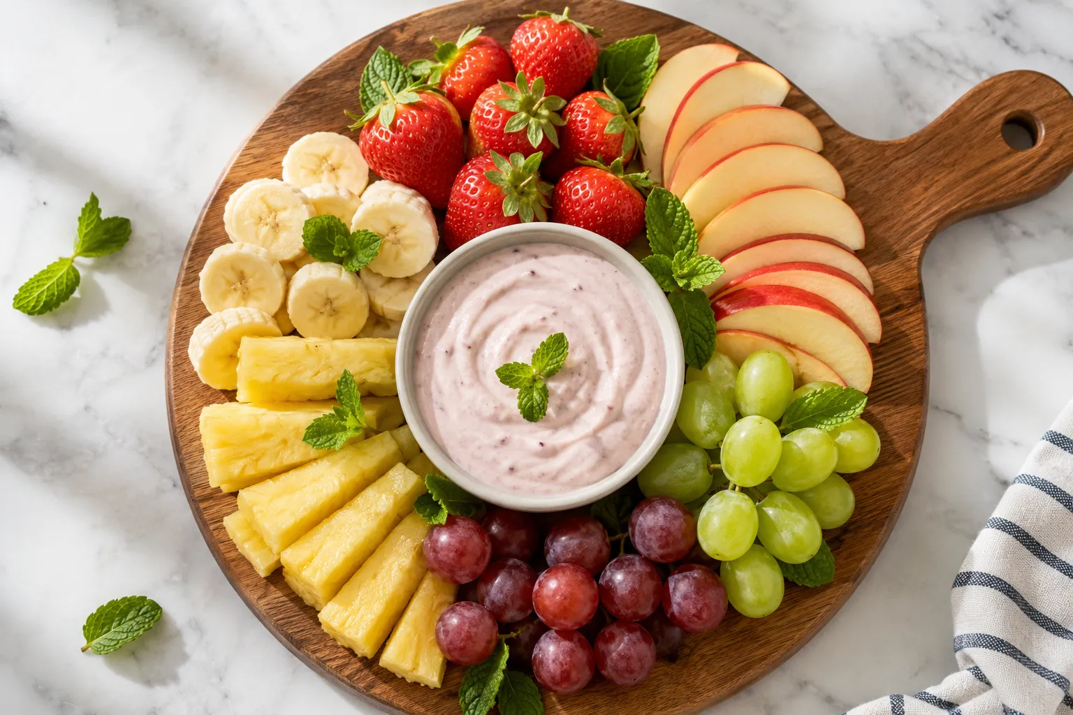 Fruit dip platter with strawberries, apples, grapes, and pineapple for dipping