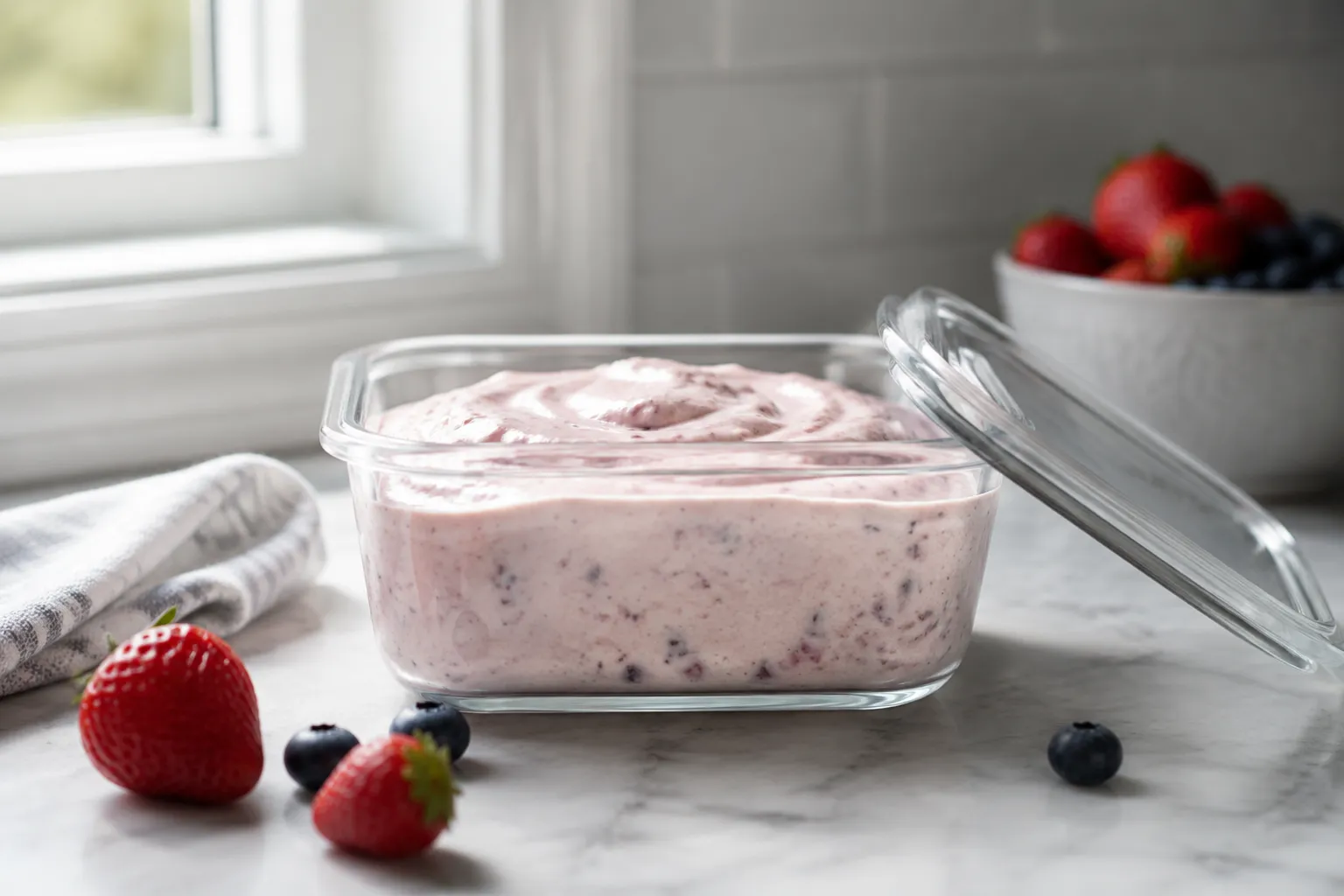 Make-ahead fruit dip stored in a glass container for the fridge