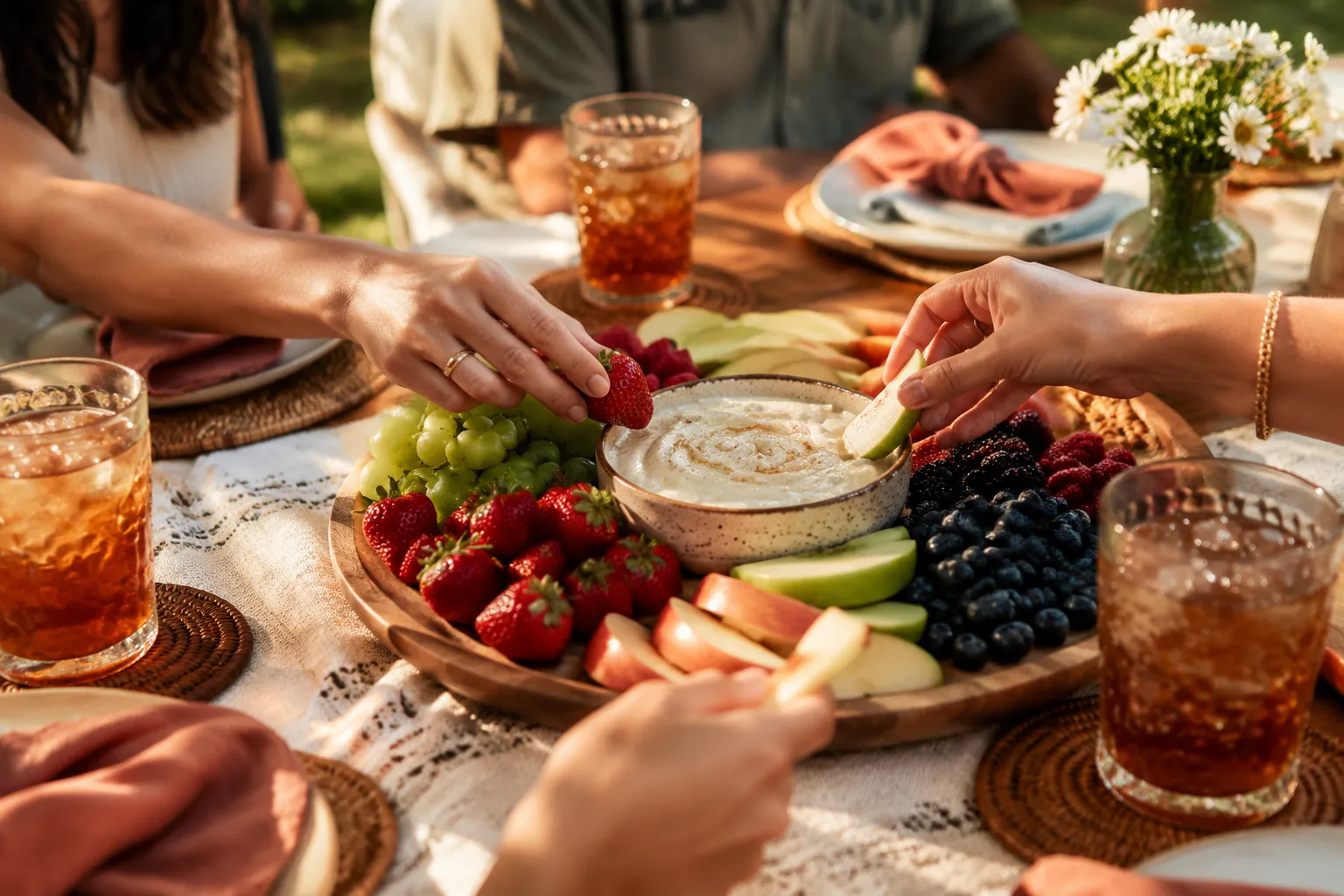 Friends sharing a fruit dip platter at an outdoor brunch table