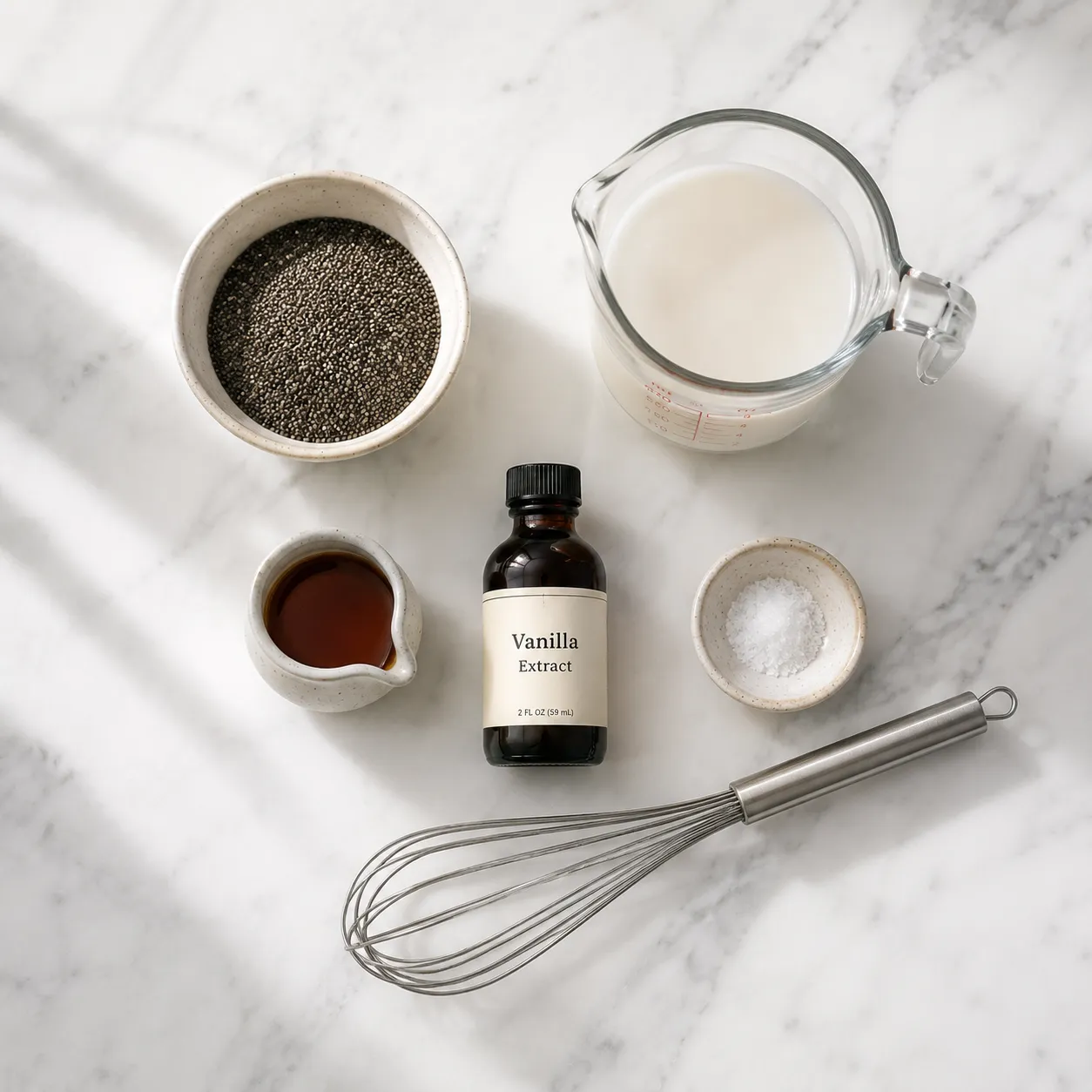 Chia pudding ingredients flatlay with chia seeds, almond milk, maple syrup, and vanilla