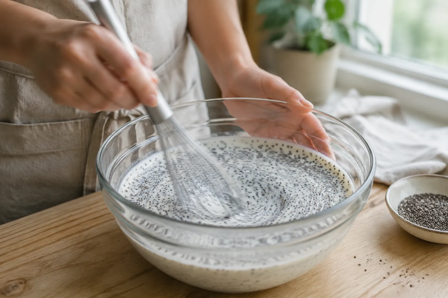Whisking chia seeds into almond milk to make chia pudding