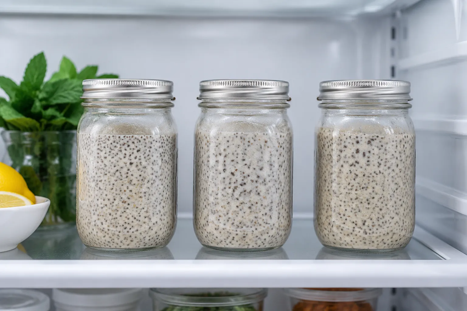 Overnight chia pudding chilling in mason jars in the refrigerator