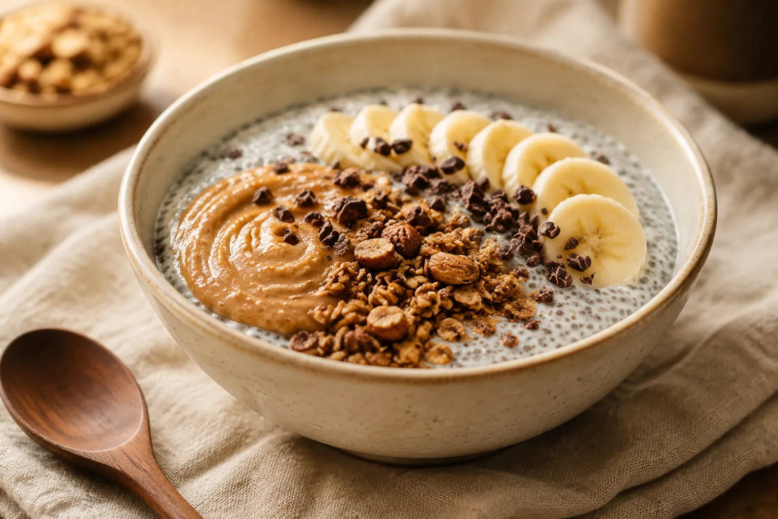 Best chia pudding recipe topped with banana, almond butter, and granola