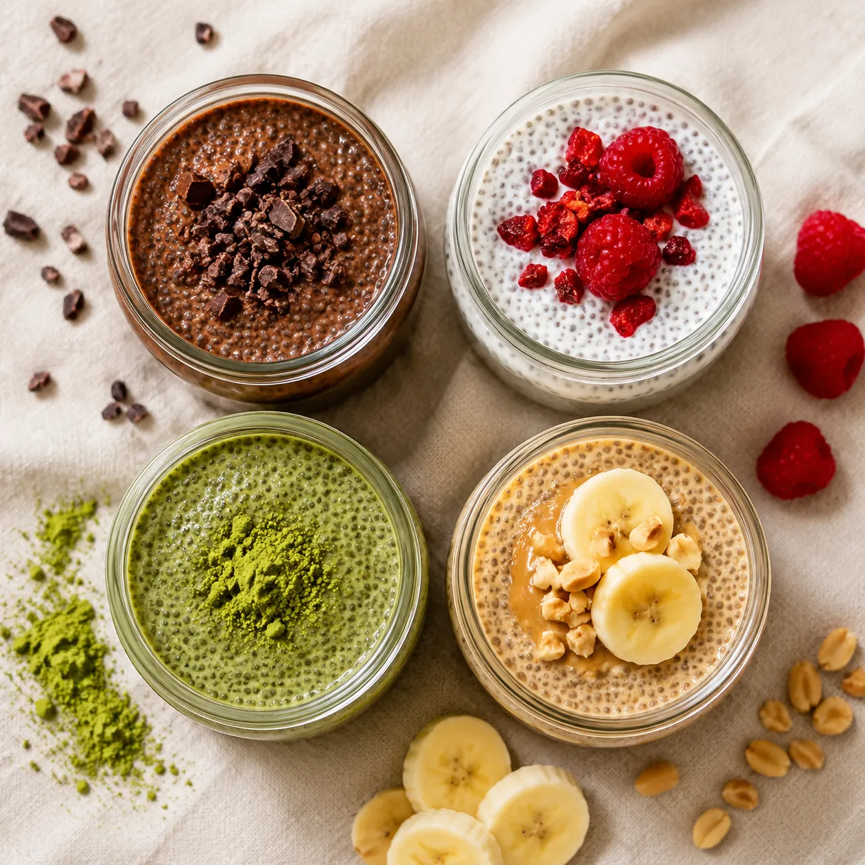 Chia pudding flavor variations including chocolate, vanilla berry, matcha, and peanut butter