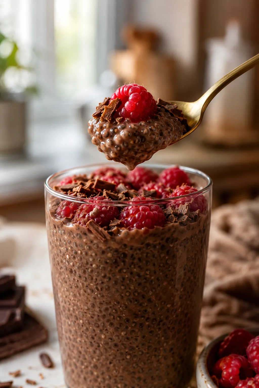 Spoonful of chocolate chia seed pudding being lifted from a glass
