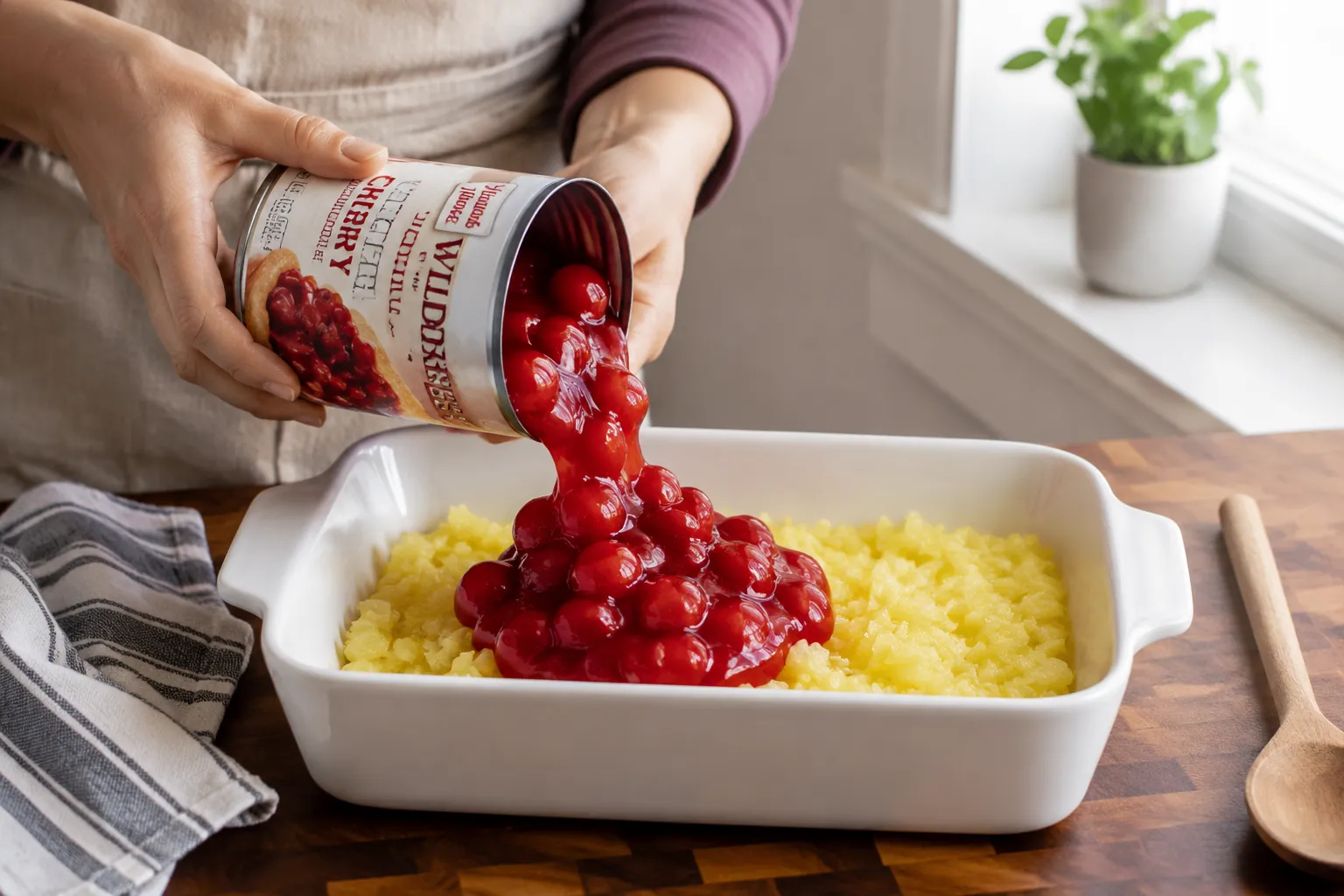 Pouring cherry pie filling over pineapple to start a dump cake recipe