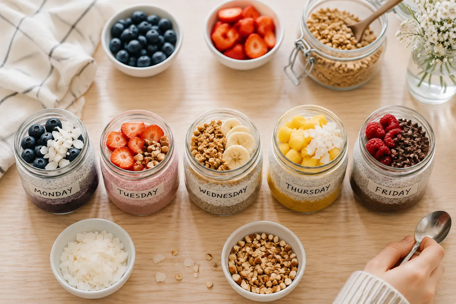 Healthy chia pudding meal prep with toppings for breakfast all week