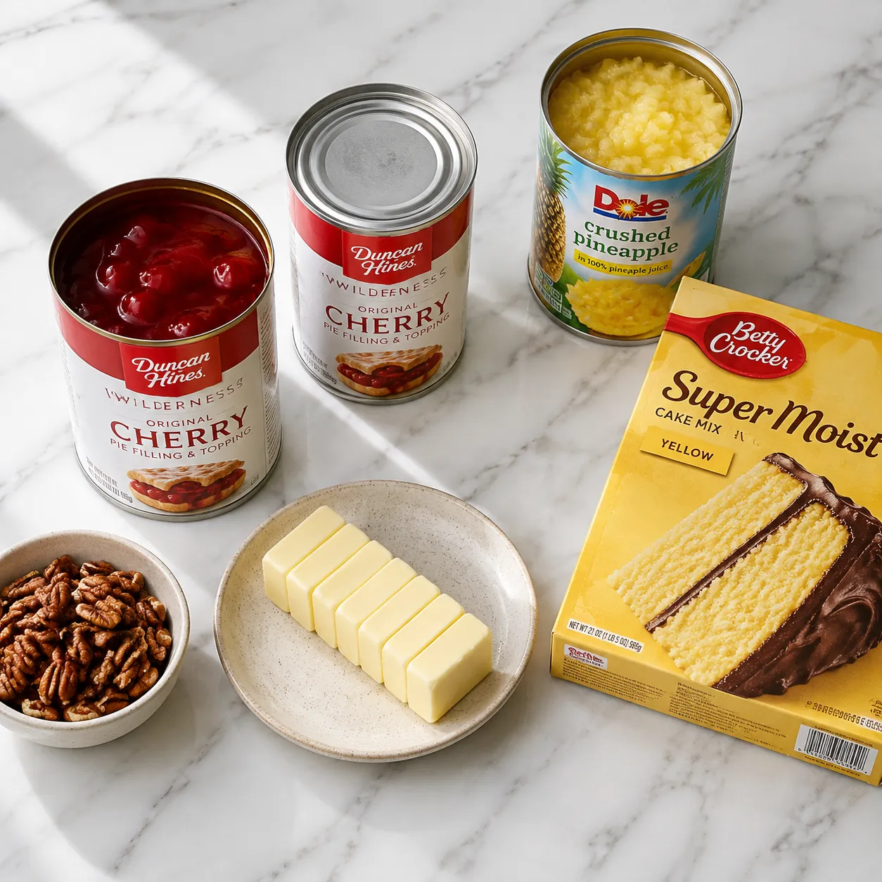 Dump cake ingredients flatlay with cherry pie filling, pineapple, yellow cake mix, and butter
