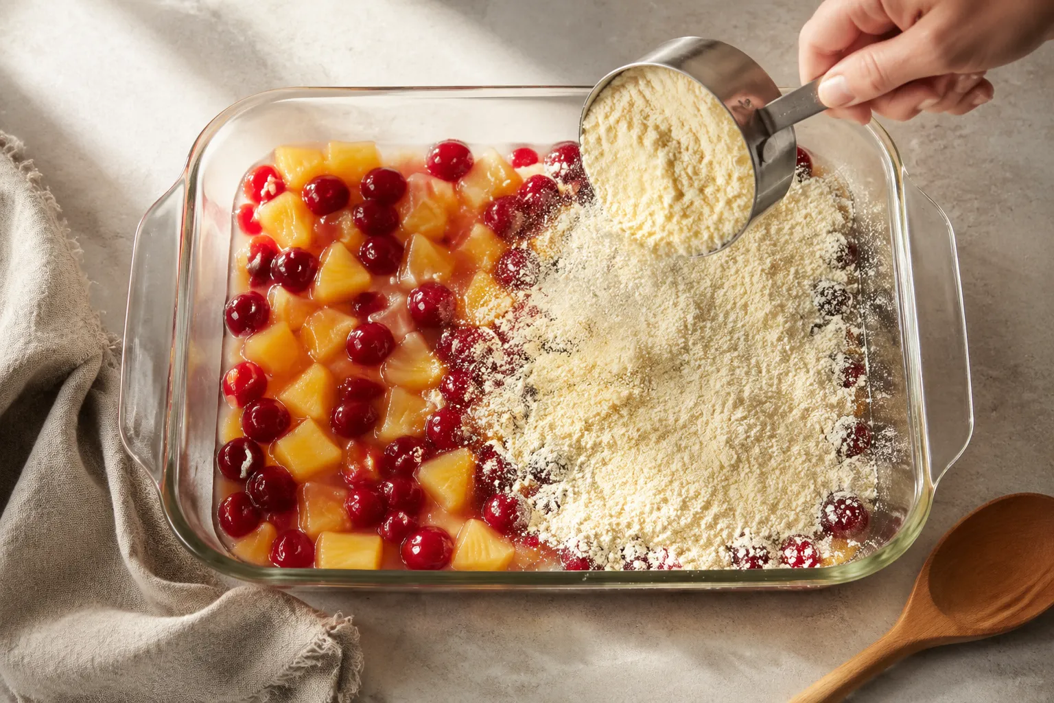 Sprinkling yellow cake mix over fruit filling for an easy dump cake