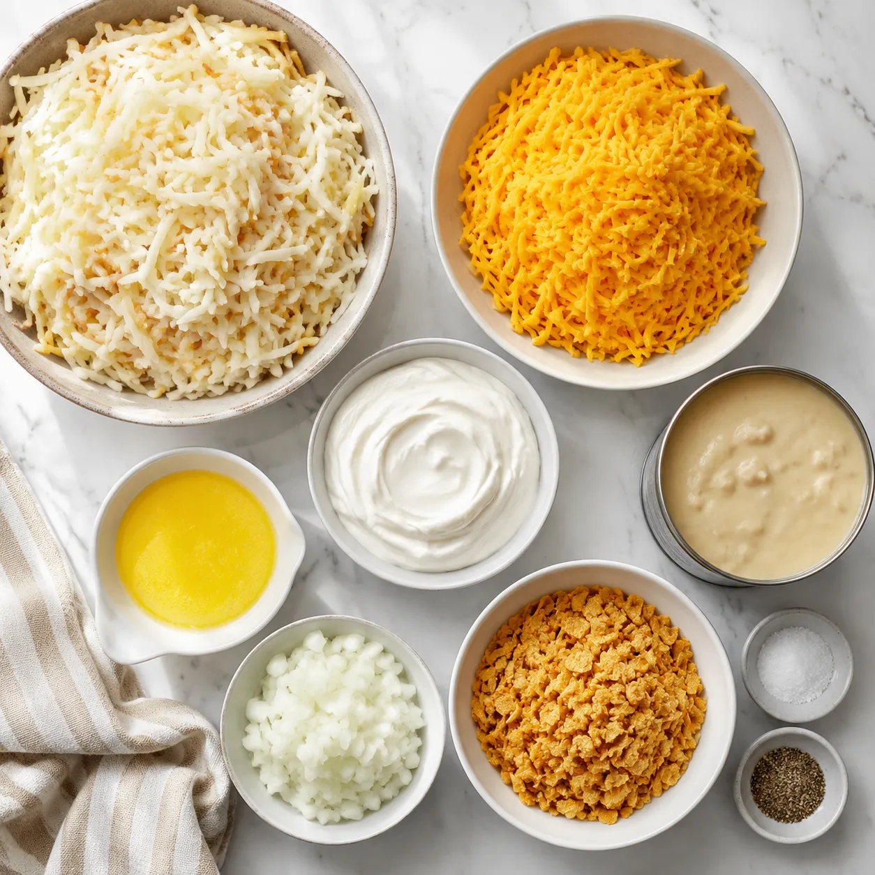 Ingredients for cheesy potatoes with frozen hash browns laid out on a marble counter