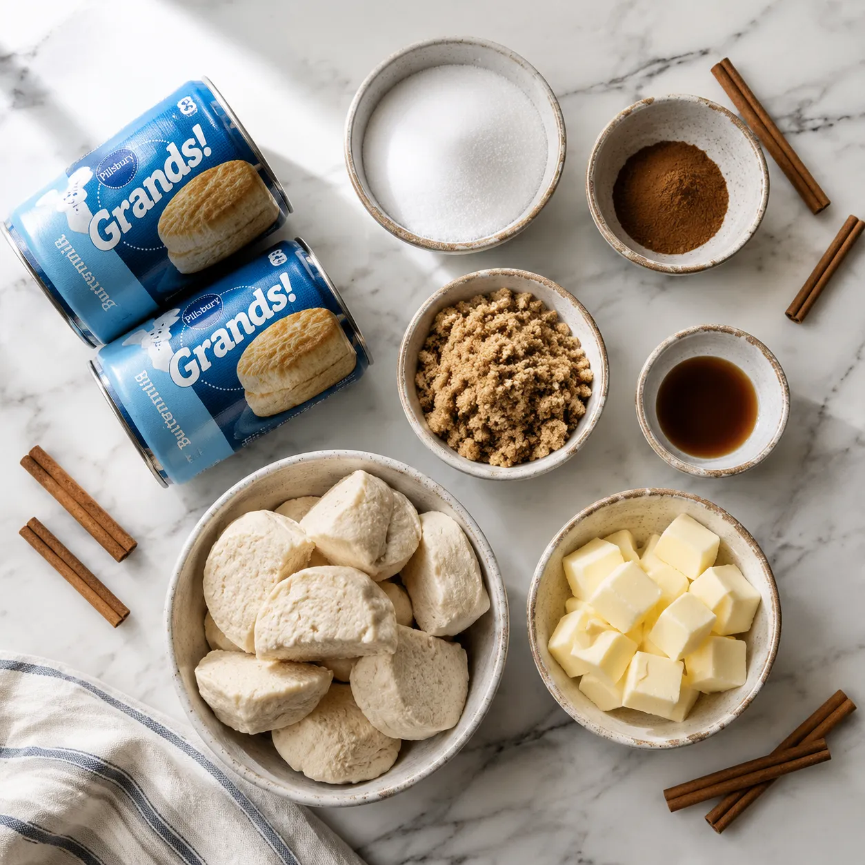 Monkey bread recipe ingredients flatlay with biscuit dough, cinnamon, and brown sugar