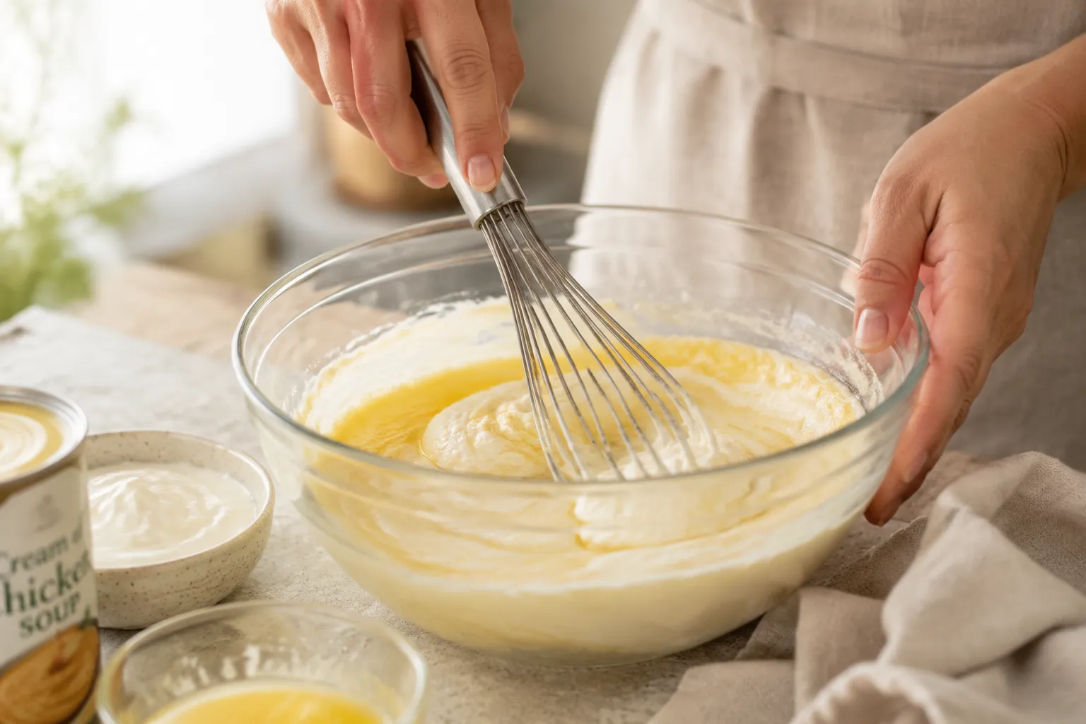 Mixing the creamy base for cheesy hash brown casserole