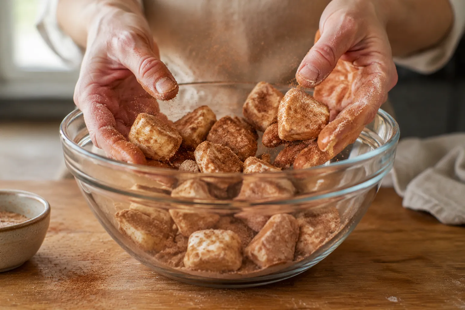 Coating biscuit dough pieces in cinnamon sugar for monkey bread