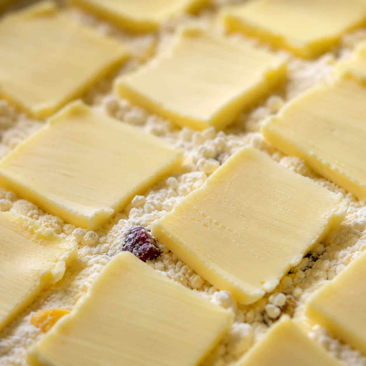Cold butter slices layered over cake mix for a perfect dump cake topping