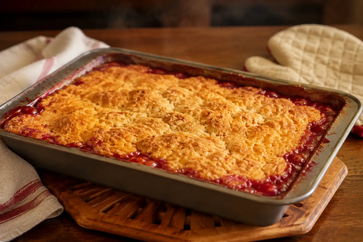 Finished dump cake recipe with golden bubbling crust in a 9x13 baking dish