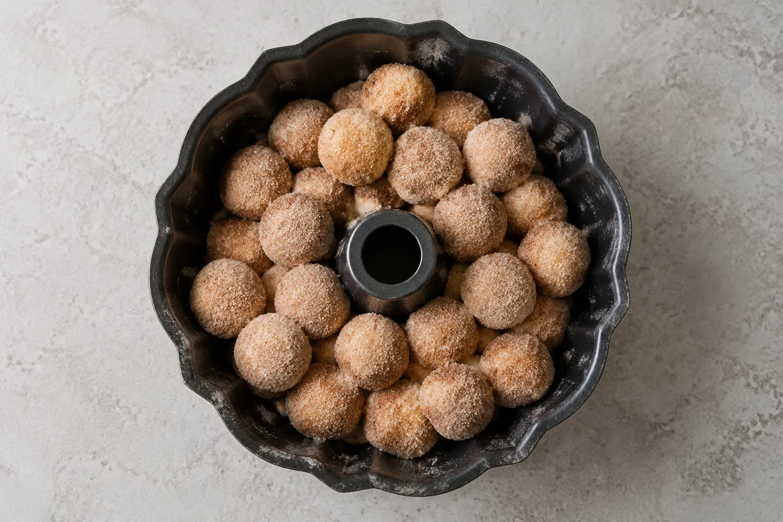Layering cinnamon-sugar dough balls in a Bundt pan for monkey bread recipe