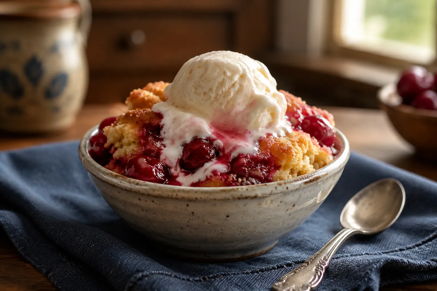 Serving dump cake in a bowl with vanilla ice cream on top