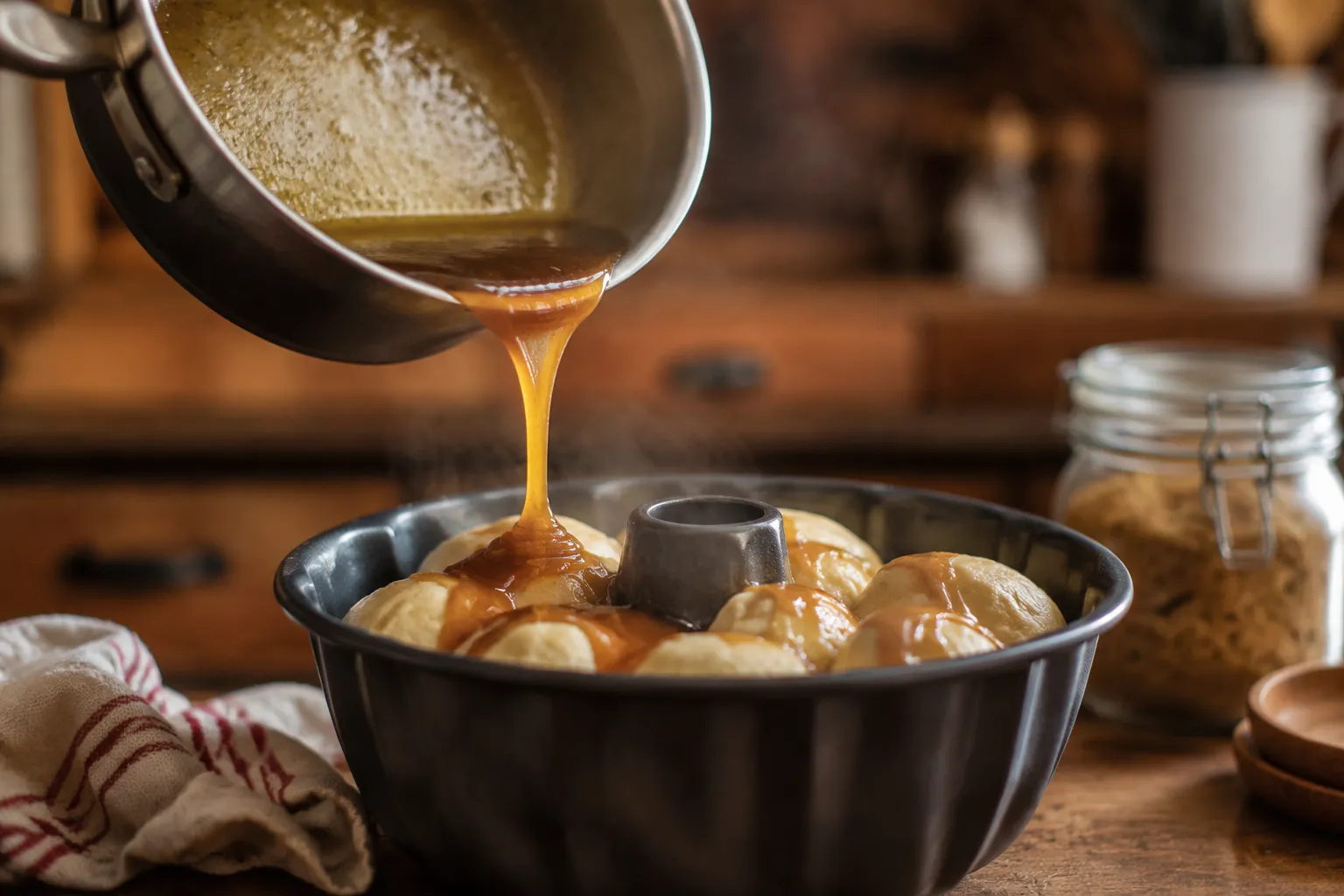 Pouring brown sugar butter glaze over monkey bread dough