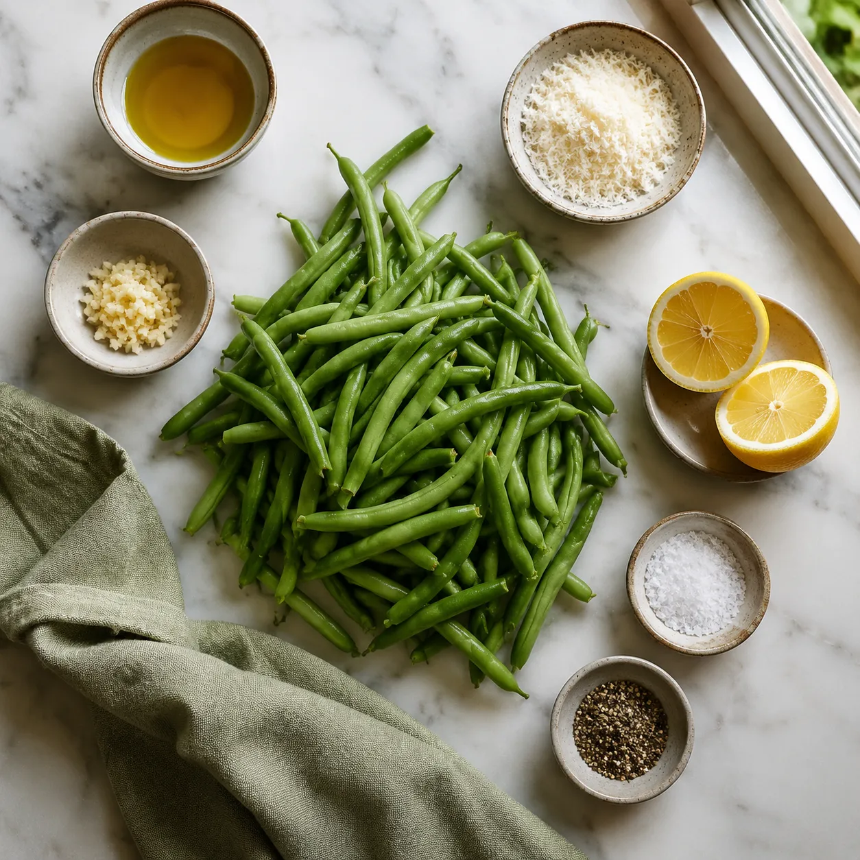 Fresh green beans, olive oil, garlic, and parmesan ingredients flatlay
