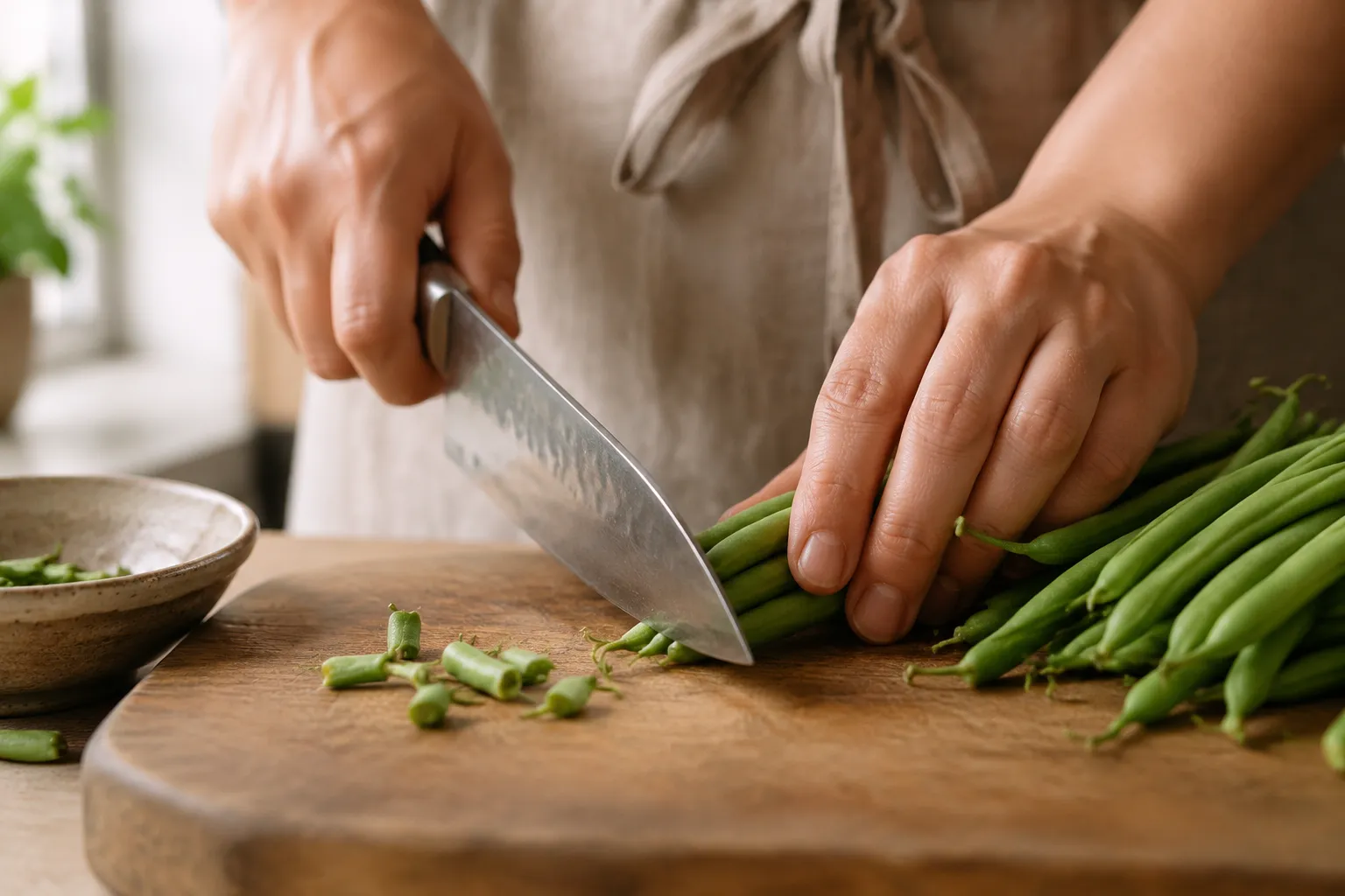 Trimming fresh green beans on a cutting board before roasting